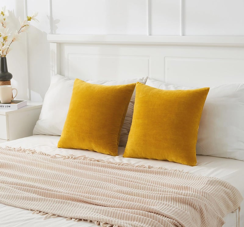 GriNeed Throw Pillow Covers Mustard Yellow Set of 2 18x18 Inch Fall Pillow Covers, Soft Velvet Farmhouse Neutral Decorative Pillowcases for Couch Sofa Bed, Home Boho Decor, Modern Cushion Covers - Image 3