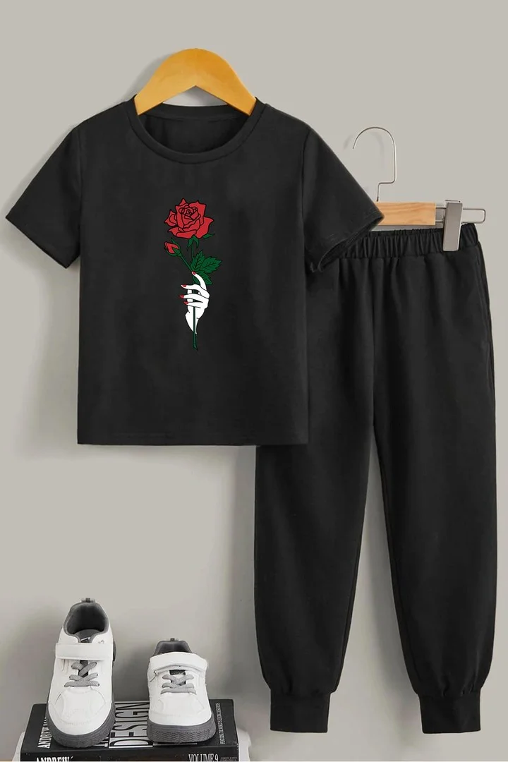 ONLYTRENDWEAR Kids Rose Bottom - Top Tracksuit Set 3-4 Years Old Black