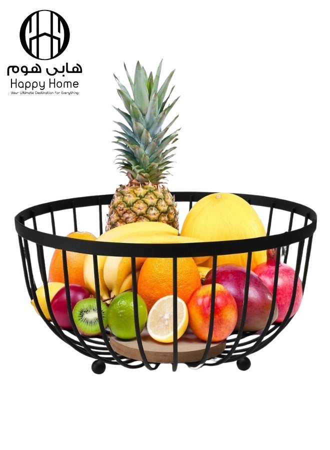 Happy Home Round Black Metal Wire Fruit Bowl with Wooden Base for Storing Fruits, Vegetables, Snacks and More (25cm) - Image 1