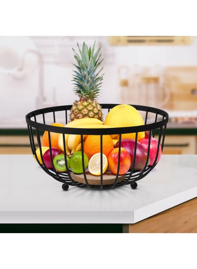 Happy Home Round Black Metal Wire Fruit Bowl with Wooden Base for Storing Fruits, Vegetables, Snacks and More (25cm) - Image 2