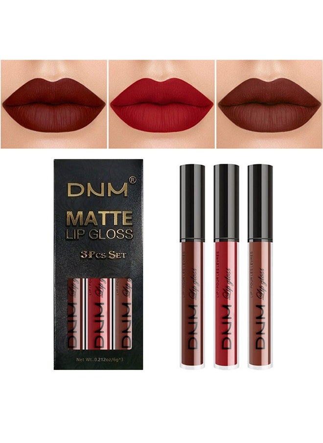 DNM 3Pcs Matte 24-hour Liquid Lipstick Sets Matte Dark Red Brown Stay on Matte Lipstick Lip Set  - Image 1