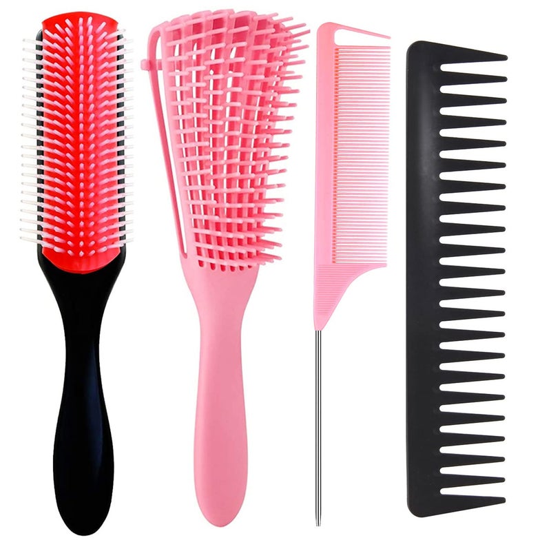 WEXNECOWKZ Detangling Brush Set with 9 Row Styling Brush Rat Tail Comb Wide Tooth Comb for Separating Shaping and Defining WetDry LongThick Curly and Natural 3a4c Hair Pink