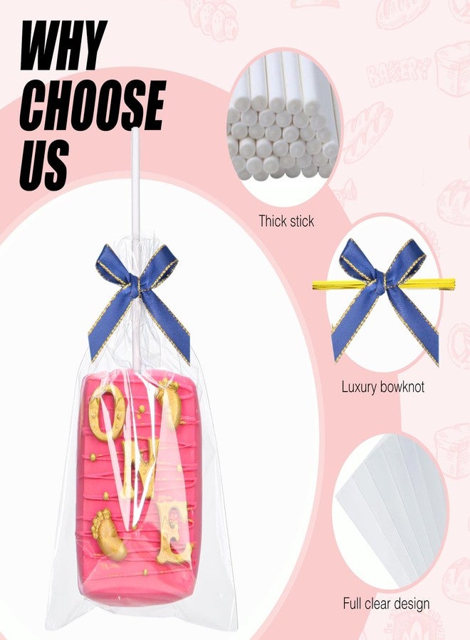 ROSPAKTEK 50pcs 4x6 Inches Clear Rice Krispie Treat Bags with Sticks and Ties Bows Rice Kit Cakesicle Bags Individually Wrapped Packaging for Marshmallow Mcaron Pop Candy Apple Cookies Cake Ore Pop - Image 5