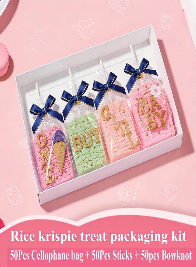 ROSPAKTEK 50pcs 4x6 Inches Clear Rice Krispie Treat Bags with Sticks and Ties Bows Rice Kit Cakesicle Bags Individually Wrapped Packaging for Marshmallow Mcaron Pop Candy Apple Cookies Cake Ore Pop - Image 2