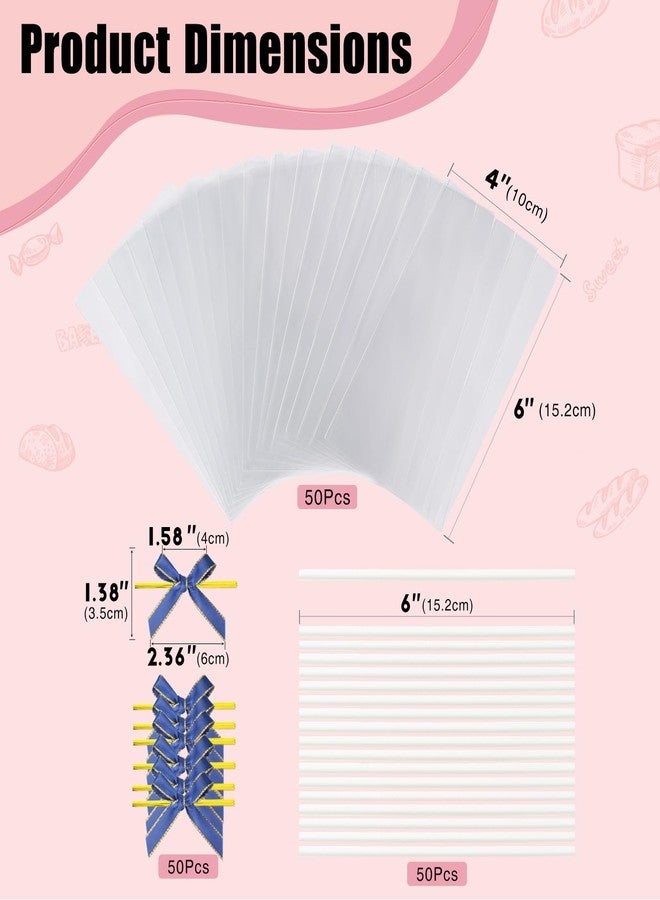 ROSPAKTEK 50pcs 4x6 Inches Clear Rice Krispie Treat Bags with Sticks and Ties Bows Rice Kit Cakesicle Bags Individually Wrapped Packaging for Marshmallow Mcaron Pop Candy Apple Cookies Cake Ore Pop - Image 3