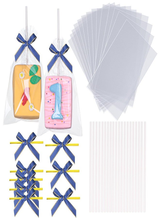 ROSPAKTEK 50pcs 4x6 Inches Clear Rice Krispie Treat Bags with Sticks and Ties Bows Rice Kit Cakesicle Bags Individually Wrapped Packaging for Marshmallow Mcaron Pop Candy Apple Cookies Cake Ore Pop - Image 1