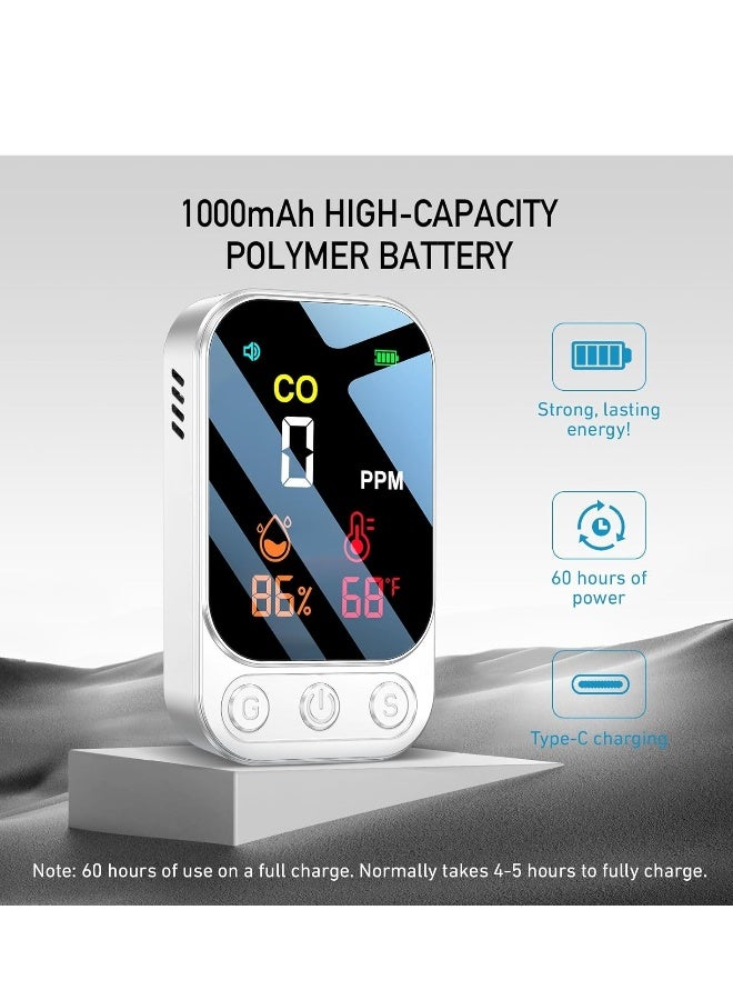 كاشف أول أكسيد الكربون مع وظيفة إنذار ذكي، كاشف CO 3 في 1 لرطوبة/درجة حرارة/تركيز أول أكسيد الكربون، جهاز تحذير محمول وقابل للشحن للاستخدام المنزلي/كامبري أو عربة منزليّة. - Image 5