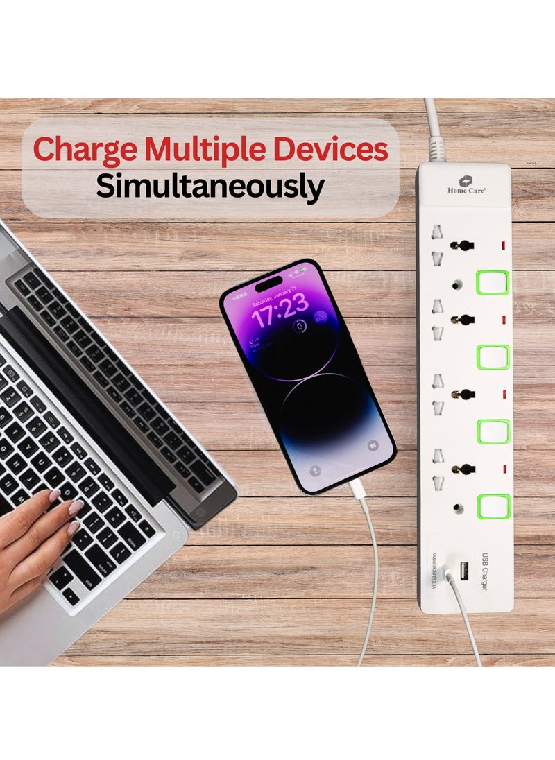 Home Care Home Care Extension Lead with USB Slots, 4Way Sockets Outlet Power Strips with 1USB Port And 1Type C Port, Universal Plug Adapter with 3M Extension Cord, Charging Station for Home, Office, Individually Switched  - Image 2