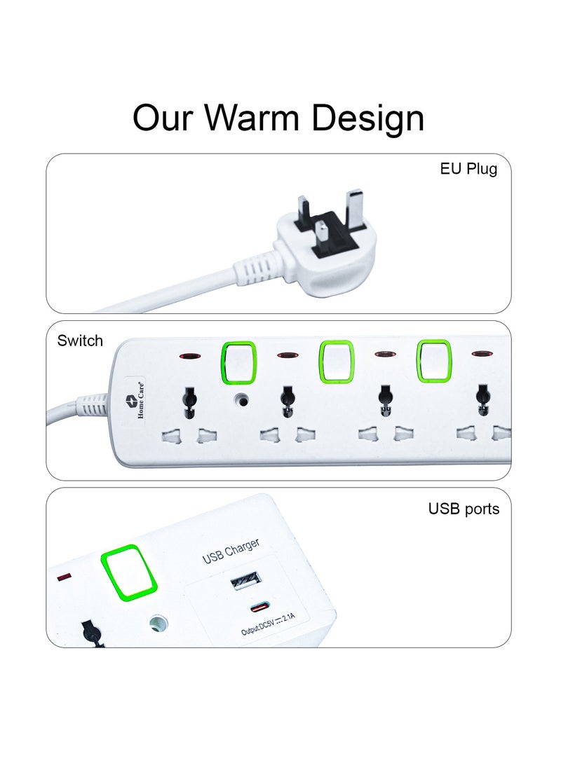 Home Care Home Care Extension Lead with USB Slots, 4Way Sockets Outlet Power Strips with 1USB Port And 1Type C Port, Universal Plug Adapter with 3M Extension Cord, Charging Station for Home, Office, Individually Switched  - Image 3