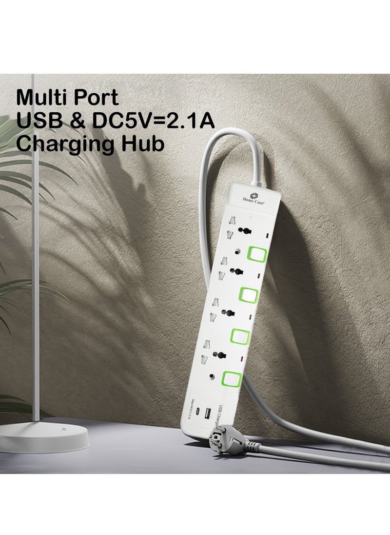 Home Care Home Care Extension Lead with USB Slots, 4Way Sockets Outlet Power Strips with 1USB Port And 1Type C Port, Universal Plug Adapter with 3M Extension Cord, Charging Station for Home, Office, Individually Switched  - Image 4
