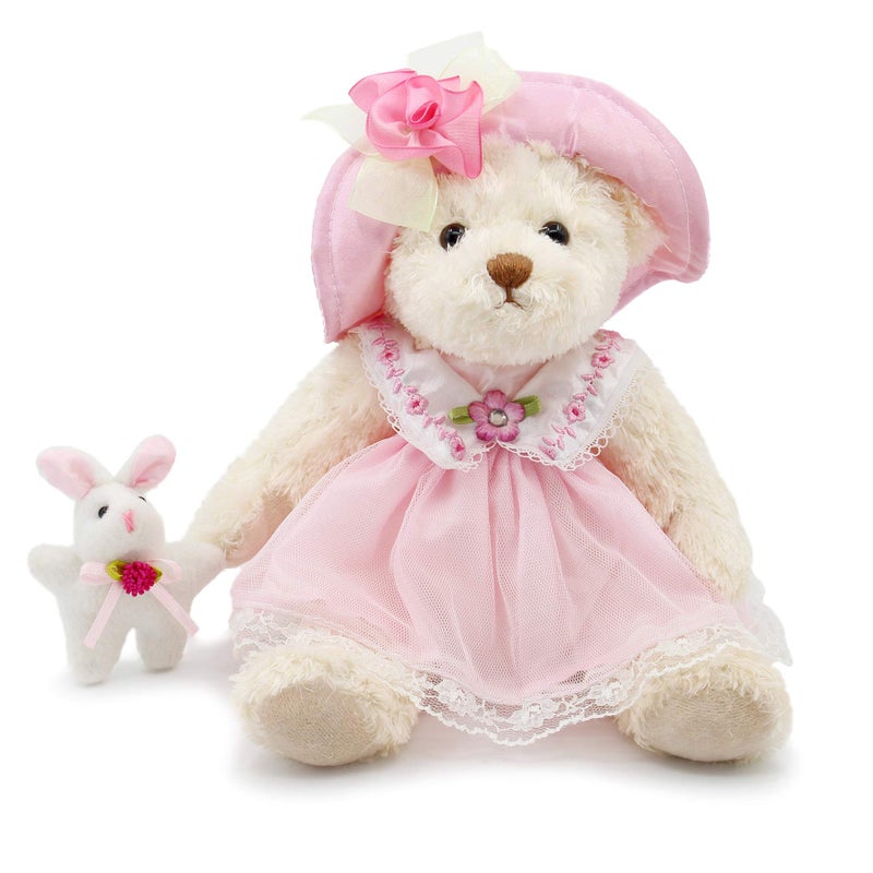oits cute Oitscute Small Baby Teddy Bear with Cloth Cute Stuffed Animal Soft Plush Toy 10 Pink lace Dress with Rabbit - Image 2