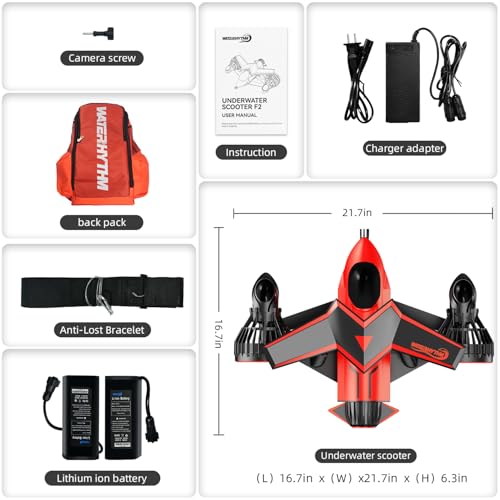 WATERHYTHM F2 Underwater Scooter, Sea Scooter 500W Dual Motors with Action Camera Mount and Selfie Stick Mount for Adults, Water Scooter 30M Waterproof for Scuba Snorkeling Pool Sea Adventures (Red) - Image 2