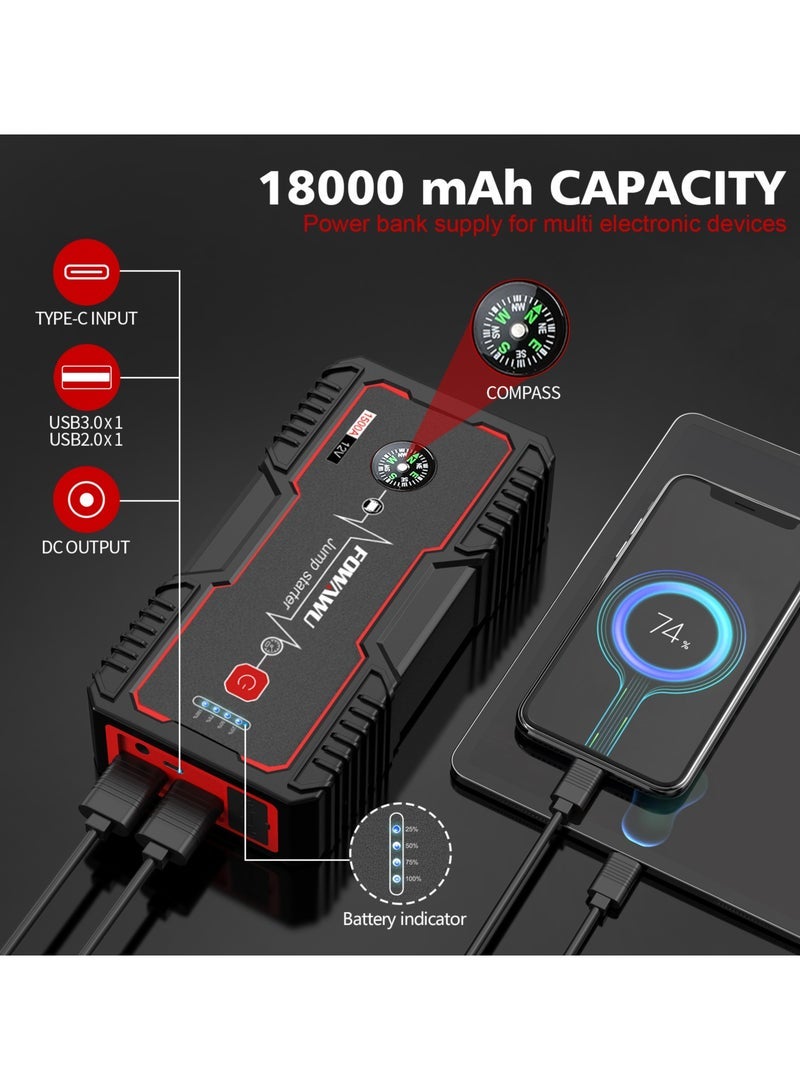 فواوو FOWAWU 18000 مللي أمبير 1500A لبدء تشغيل السيارة، حزمة باطاريات القفز (7.0 لتر بنزين، 5.5 لتر ديزل)، بادئ تشغيل البطارية المحمول مع ضوء USB/DC 12V/LED، شاحن بطارية السيارة، بنك طاقة السيارة، بطارية محمولة للسيارات، بطارية سيارة محمولة، بادئ تشغيل معزز البطارية، متحكم في بنك الطاقة، مكثف بدء القفز - Image 4