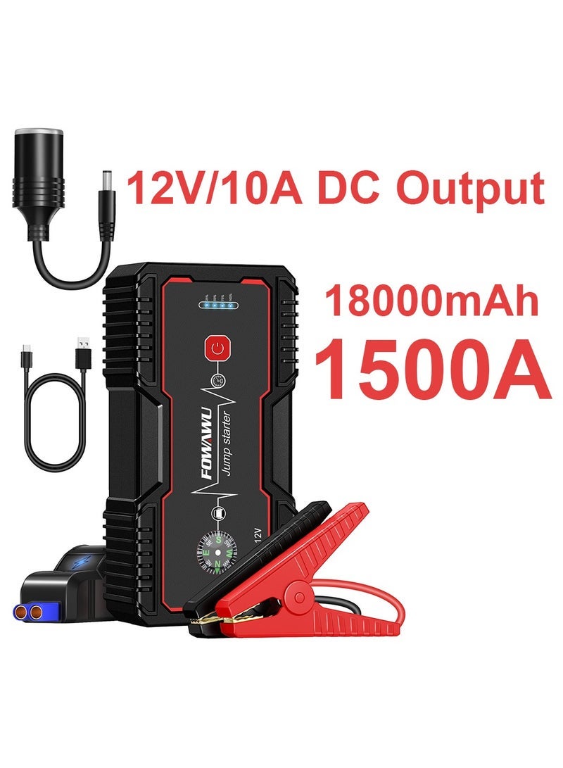 فواوو FOWAWU 18000 مللي أمبير 1500A لبدء تشغيل السيارة، حزمة باطاريات القفز (7.0 لتر بنزين، 5.5 لتر ديزل)، بادئ تشغيل البطارية المحمول مع ضوء USB/DC 12V/LED، شاحن بطارية السيارة، بنك طاقة السيارة، بطارية محمولة للسيارات، بطارية سيارة محمولة، بادئ تشغيل معزز البطارية، متحكم في بنك الطاقة، مكثف بدء القفز - Image 1