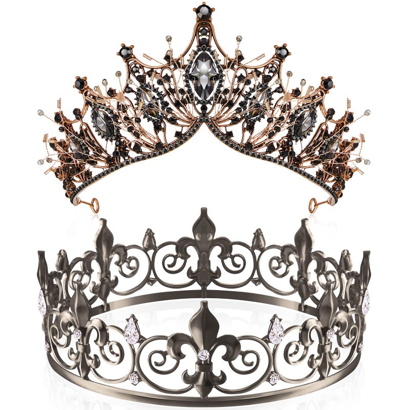 Junkin 2 Pcs Crowns for Men Women Baroque Queen Crown King Prince Tiara Princess Crystal Headband Rhinestone Prom Party Black