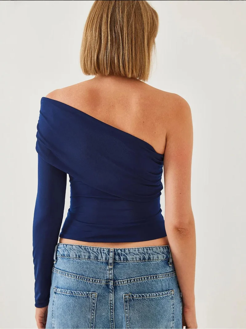 Bianco Lucci Navy Blue LUCCI Asymmetrical Collar Fitted Crop Blouse with Ruffle Detail for Women | Best Price UAE