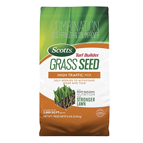 Scotts Turf Builder Grass Seed High Traffic Mix with Fertilizer and Soil Improver, Self-Repairs, 5.6 lbs. - Image 1