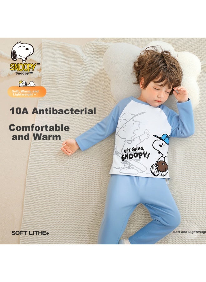 Snoopy Boys' Pajama Set Long Sleeve Long Pants Cotton Comfortable Homewear Baseball Buddy Blue - Image 1