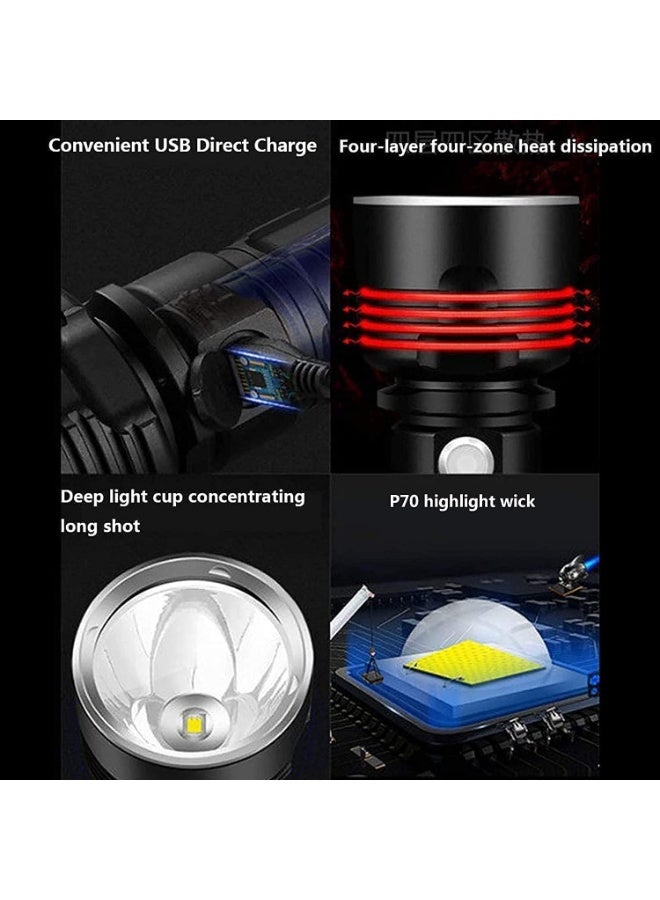 Rechargeable LED Tactical Flashlight XHP70, Super Bright 10000 Lumens, 3 Modes, USB Charging, Water Resistant, Aluminum Body , 26650 Battery – Outdoor Camping Emergency Handheld Torch - Image 5