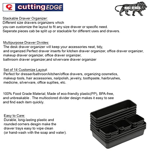 Cutting EDGE Interlocking Drawer Organizer Set of 14,Divider/Separator Plastic Trays for Flatware, Cutlery & Desk Storage for Household, Kitchen & Office (Black) - Image 5