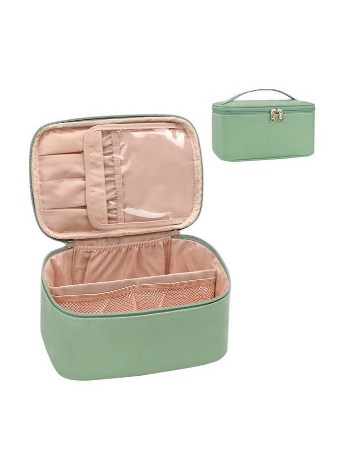 سوفام حقيبة مكياج، حقيبة تجميلية محمولة، منظّم حقيبة مكياج السفر كبيرة السعة، حقيبة مكياج للنساء حقيبة مرحاض للفتيات المسافرات مع المقبض والقاسم الأخضر - Image 1