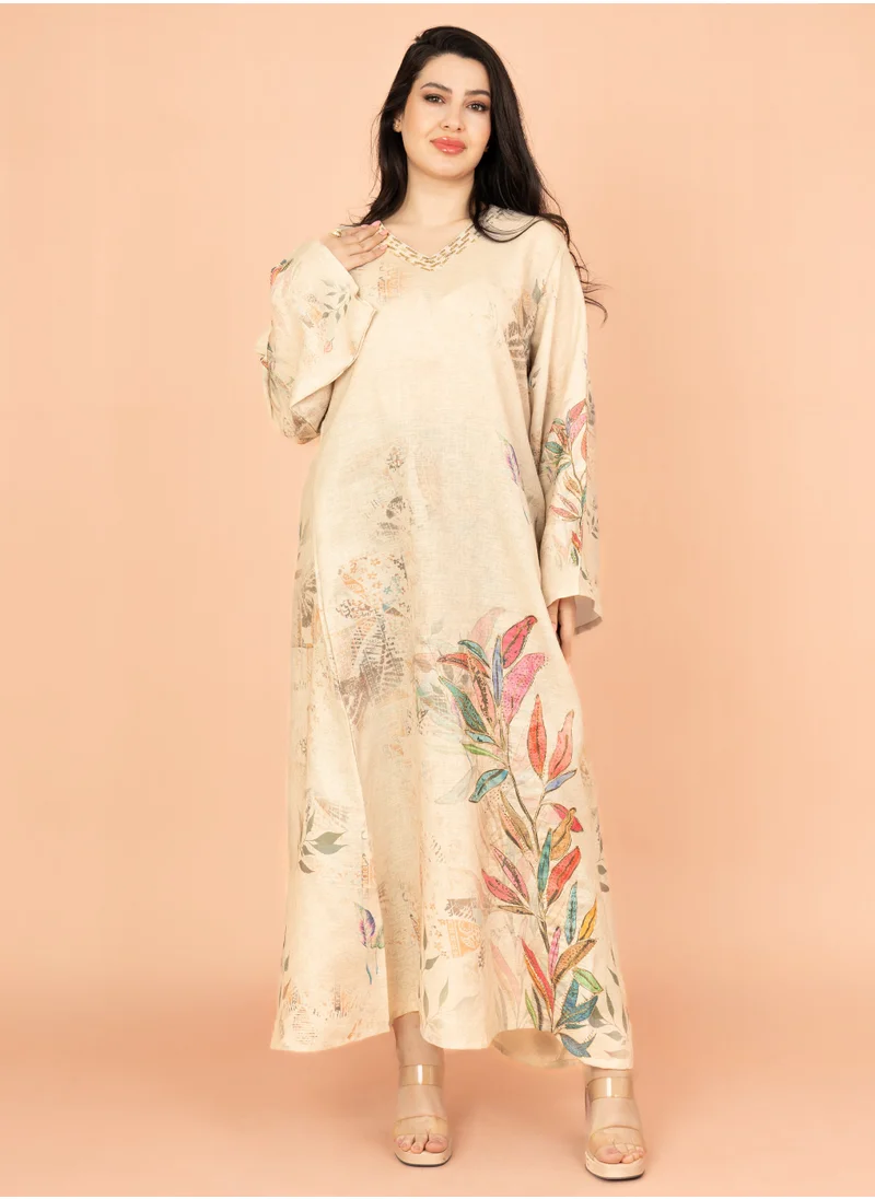 IKKXA Graceful Floral Highlight Jalabiya IN1849 Beige