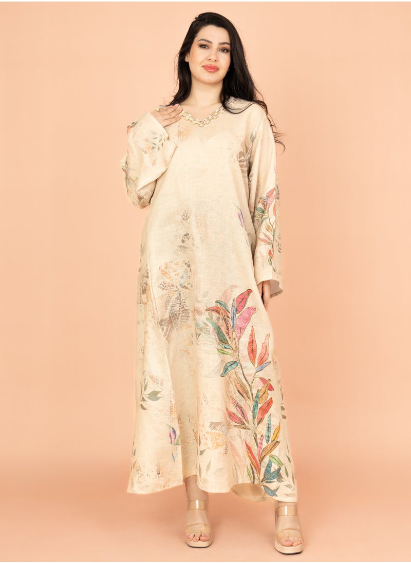 IKKXA Graceful Floral Highlight Jalabiya IN1849 Beige  - Image 1