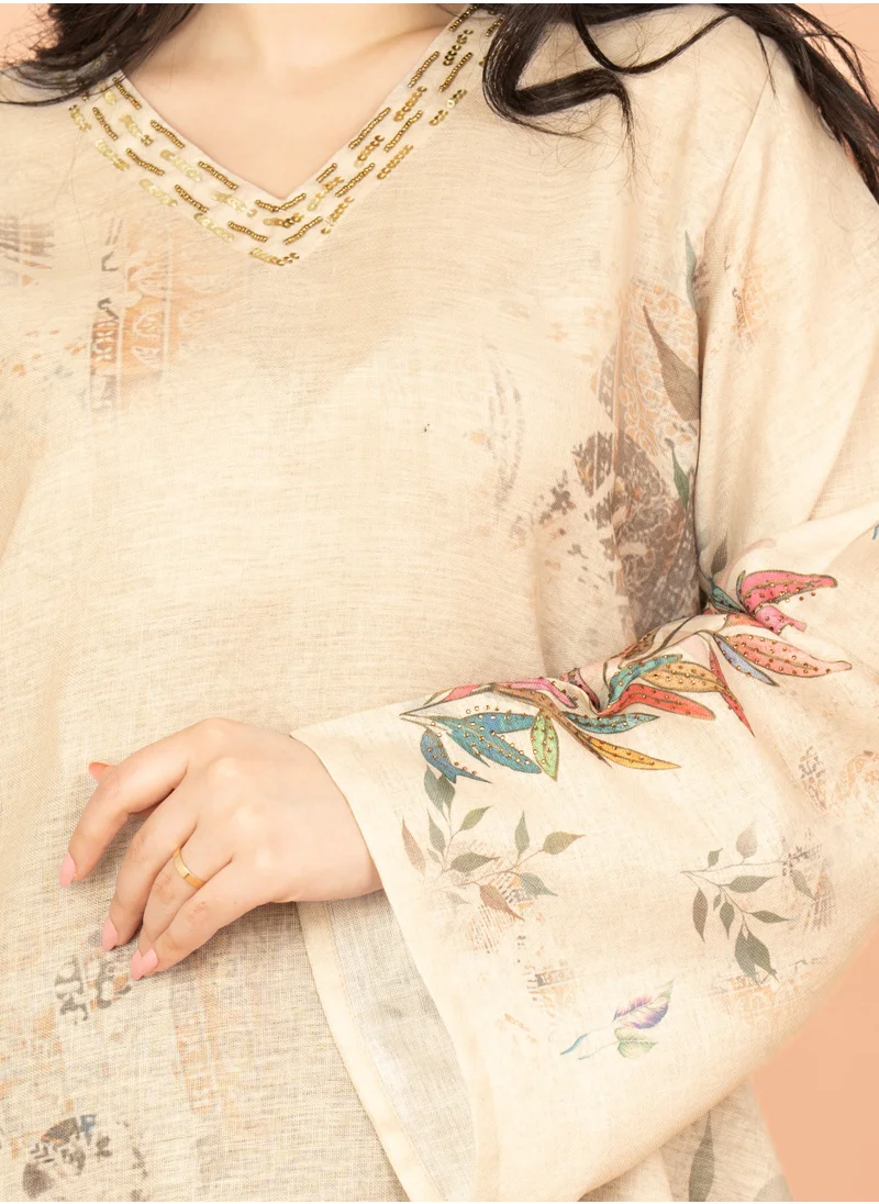 IKKXA Graceful Floral Highlight Jalabiya IN1849 Beige