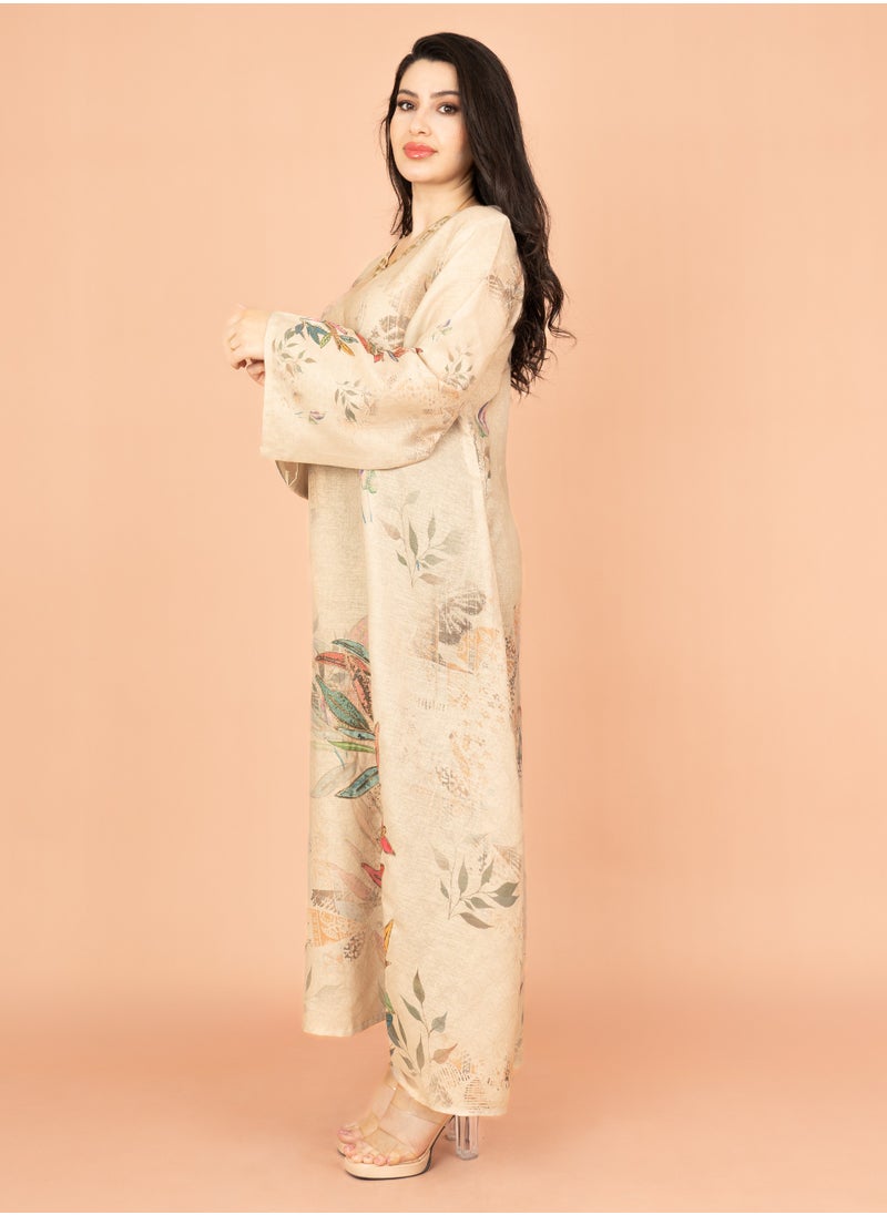 IKKXA Graceful Floral Highlight Jalabiya IN1849 Beige  - Image 3