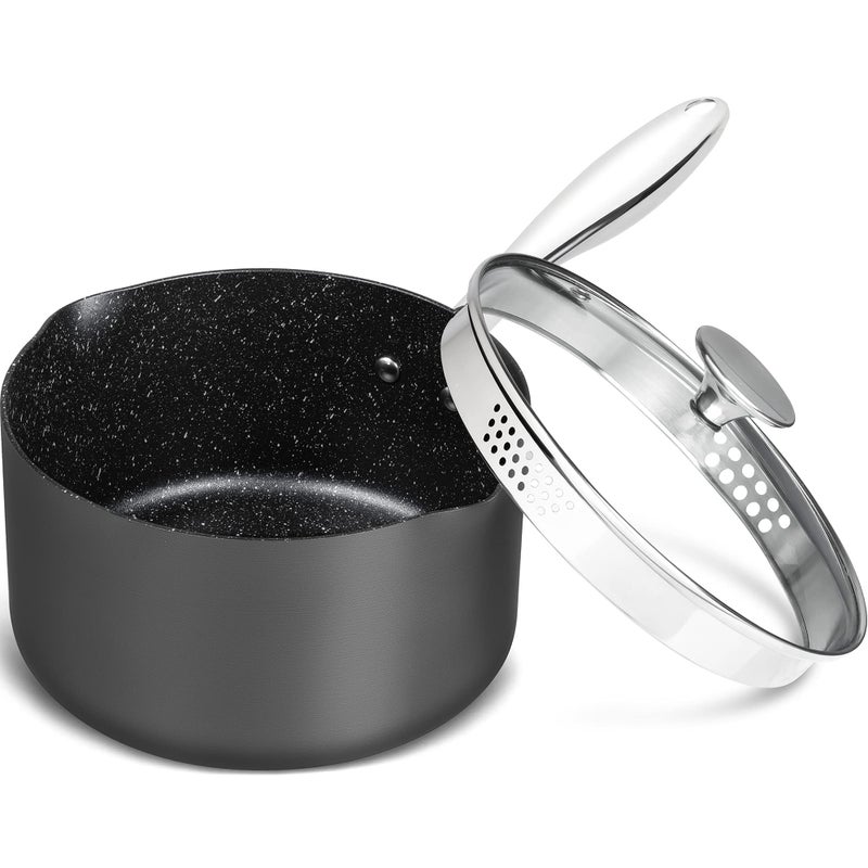 MICHELANGELO 3 Quart Saucepan with Lid Hard Anodized Nonstick Sauce Pan with Strainer Lid  Pour Spouts for Easy Pour Granite Derived Coating Sauce Pan for Cooking Small Pot  3 Qt Saucepan