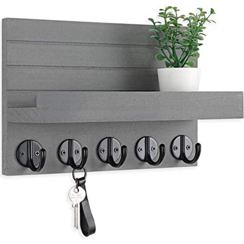 Key Holder for Wall, Decorative Key and Mail Holder with Shelf Has Large Key Hooks for Bags, Coats Paulownia Wood Key Hanger with Mounting Hardware 9.8"W x 6.7"H x 4.2"D (Grey - Image 1