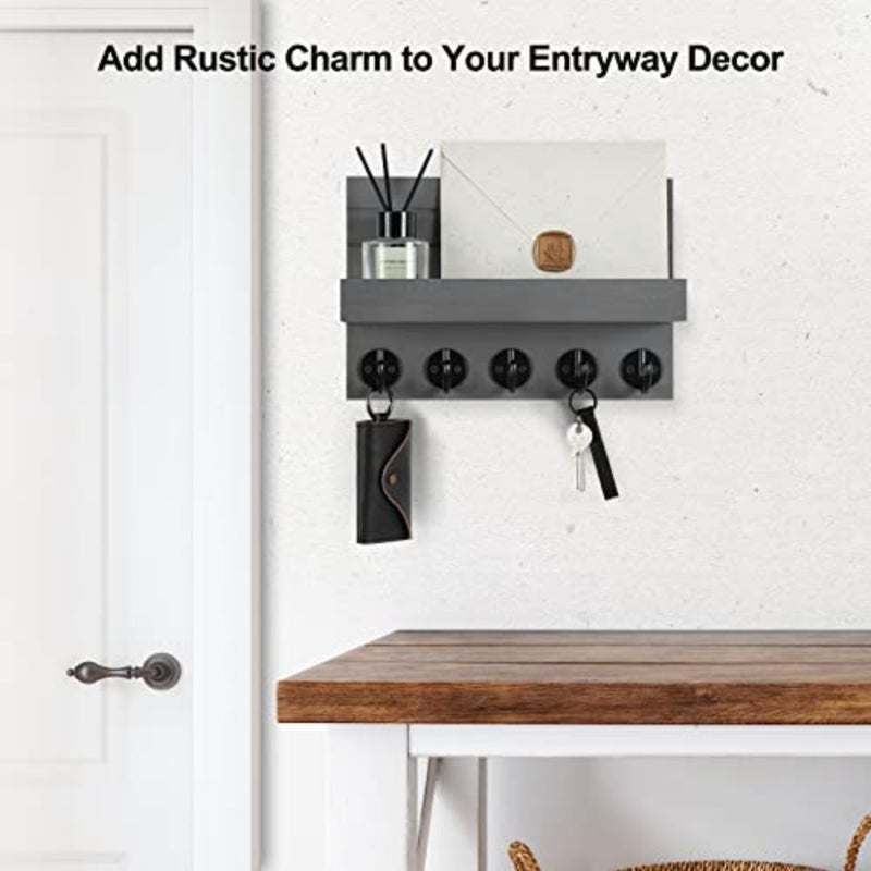 Key Holder for Wall, Decorative Key and Mail Holder with Shelf Has Large Key Hooks for Bags, Coats Paulownia Wood Key Hanger with Mounting Hardware 9.8"W x 6.7"H x 4.2"D (Grey - Image 4