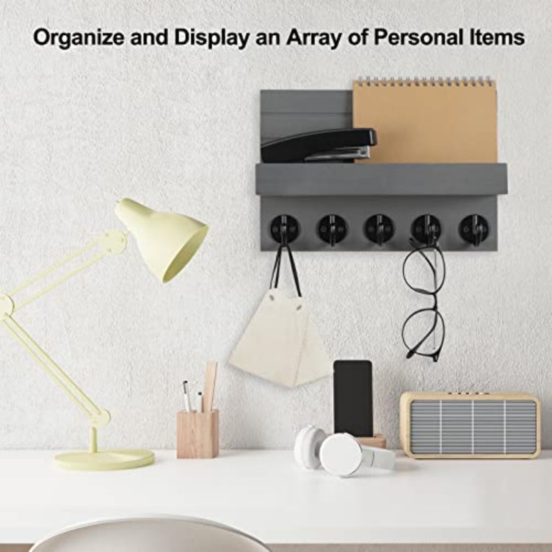 Key Holder for Wall, Decorative Key and Mail Holder with Shelf Has Large Key Hooks for Bags, Coats Paulownia Wood Key Hanger with Mounting Hardware 9.8"W x 6.7"H x 4.2"D (Grey - Image 5