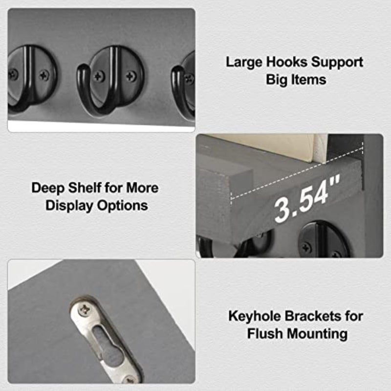 Key Holder for Wall, Decorative Key and Mail Holder with Shelf Has Large Key Hooks for Bags, Coats Paulownia Wood Key Hanger with Mounting Hardware 9.8"W x 6.7"H x 4.2"D (Grey - Image 3