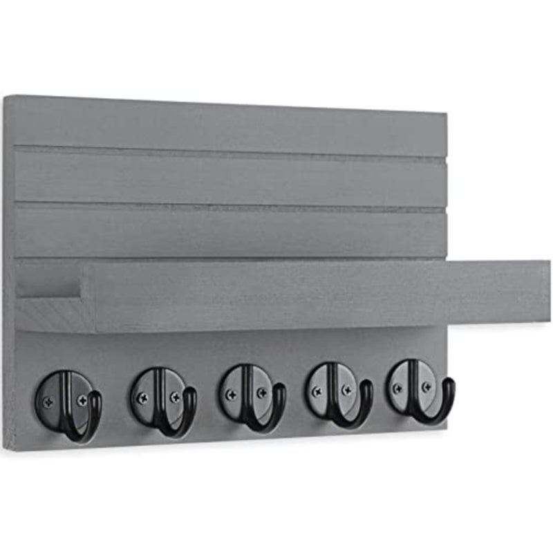 Key Holder for Wall, Decorative Key and Mail Holder with Shelf Has Large Key Hooks for Bags, Coats Paulownia Wood Key Hanger with Mounting Hardware 9.8"W x 6.7"H x 4.2"D (Grey - Image 2