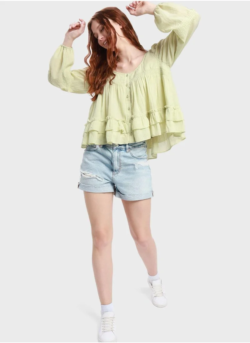 Aerie Button Detail Ruffle T-Shirt
