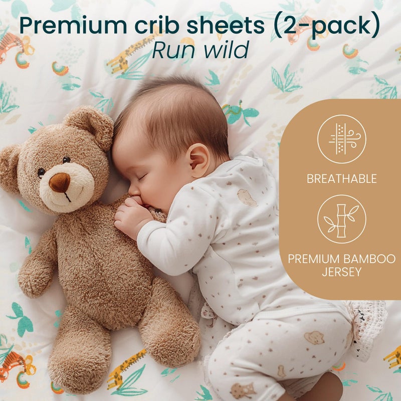 TUTTI bambini Tutti Bambini Premium Crib Sheets (2-Pack) - Soft Bamboo Jersey Next to Me, Breathable CoZee Sheets, Run Wild  - Image 2