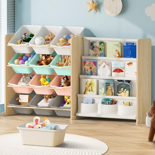 EXPERLAM Kids Toy Storage Organizer with Bookshelf 12 MultiColor Bins and 4 Book Shelves Organizers and Storage for Playroom Nursery Room Burlywood - Image 1