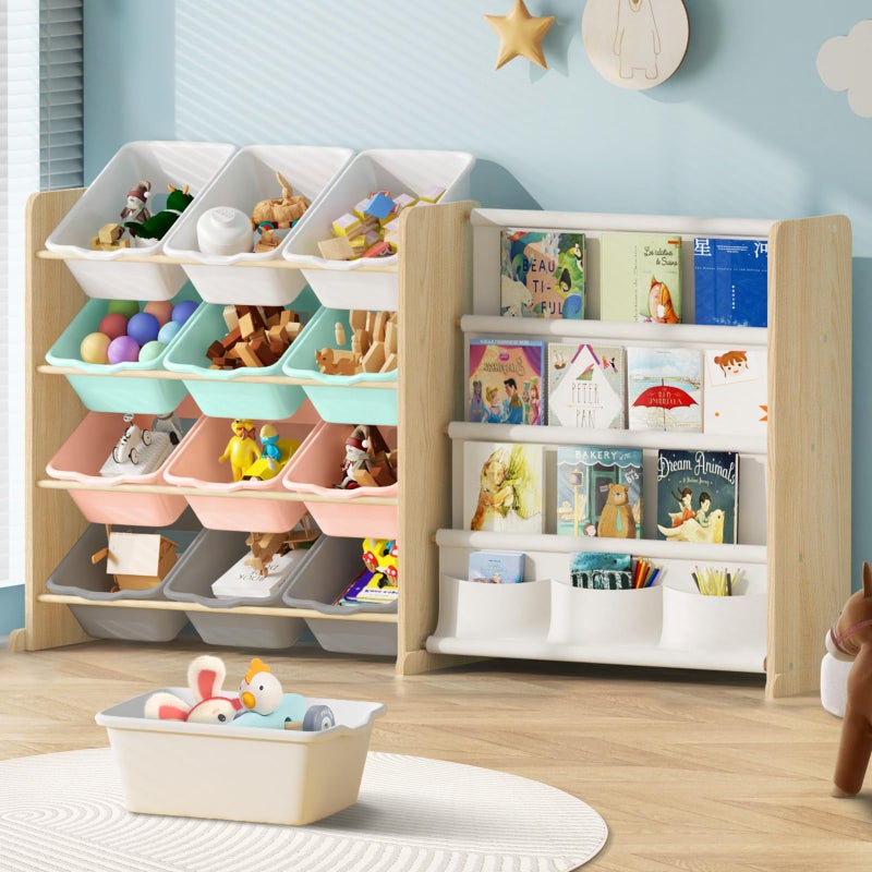 EXPERLAM Kids Toy Storage Organizer with Bookshelf 12 MultiColor Bins and 4 Book Shelves Organizers and Storage for Playroom Nursery Room Burlywood - Image 2
