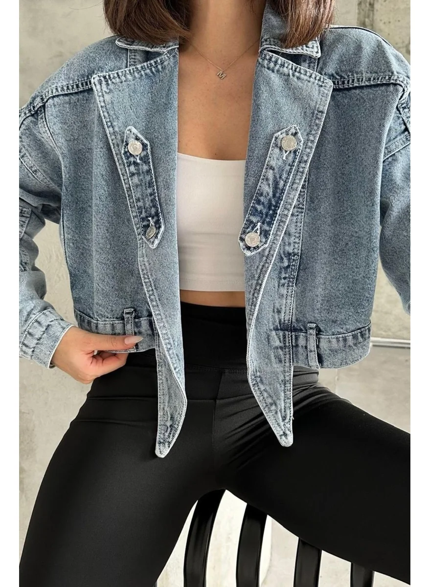 Ded Collection Women's Short Denim Jacket with Asymmetrical Cut Detail on the Front