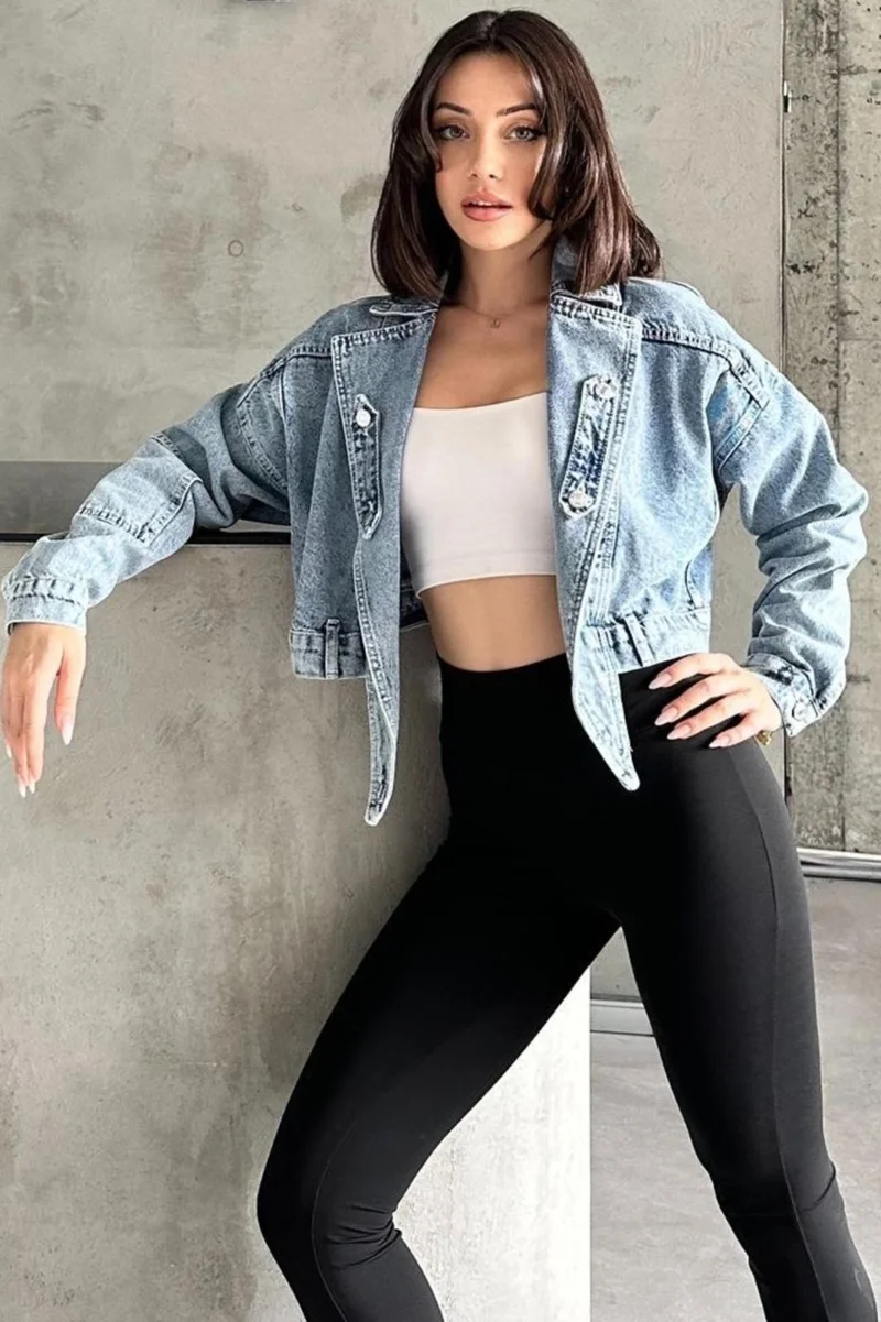 Ded Collection Women's Short Denim Jacket with Asymmetrical Cut Detail on the Front