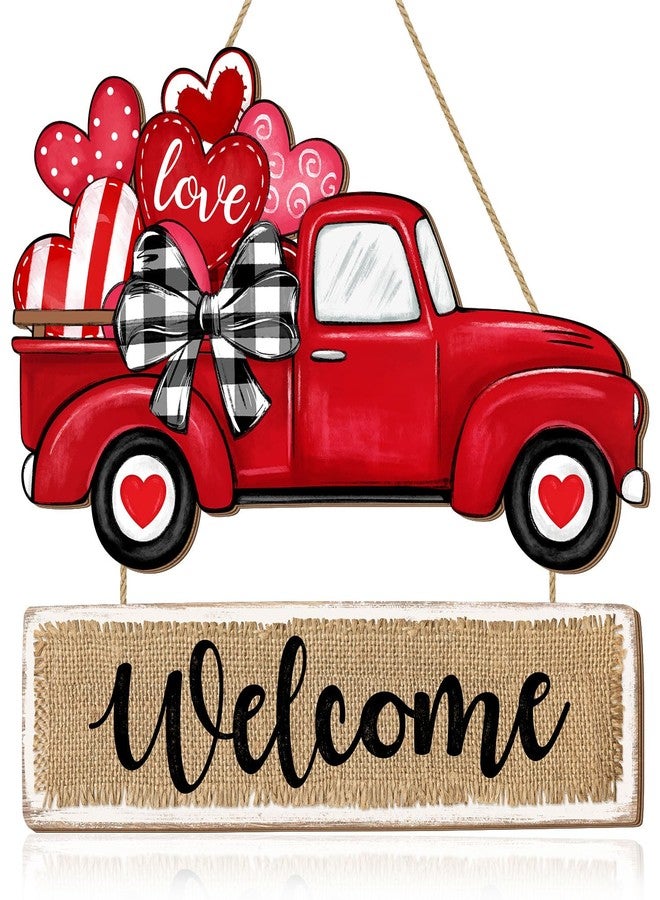 CIOEY Valentines Day Door Sign Decorations, Red Truck Heart Wooden Door Hanger, Valentines Hanging Wreath Welcome Wood Sign for Front Door, Home, Porch, Wall Decor Love Truck Style - Image 1