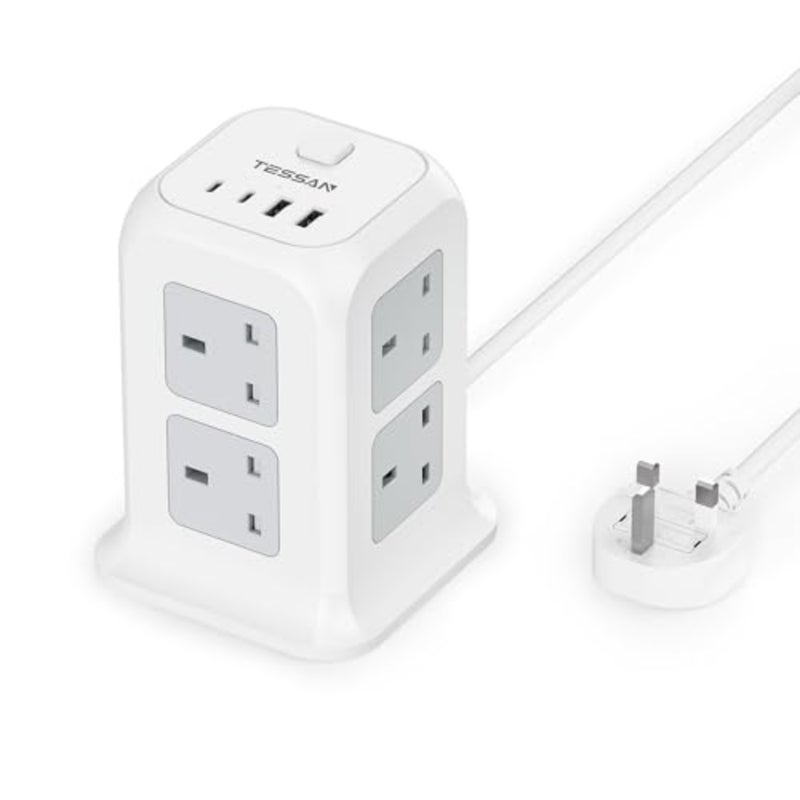 وصلة تمديد برج مع 4 فتحات USB 2 USB-C، 13A 3250W 8-Way متعدد التوصيل مقبس الطاقة مع مفتاح، كابل 2M، بلاستيك ABS، شحن سريع، أسود، حماية من التحميل الزائد - Image 1