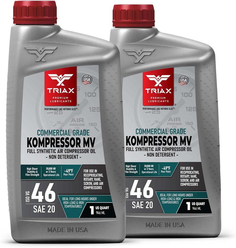 TRIAX Kompressor MV 46 / SAE 20 - Full Synthetic, Multi-Vis Air Compressor Oil - Commercial Grade - for Rotary, Vane, Screw, and Reciprocal - High Temp, 20,000 Hour Life, Non-Detergent (2 Quart Pack) - Image 1