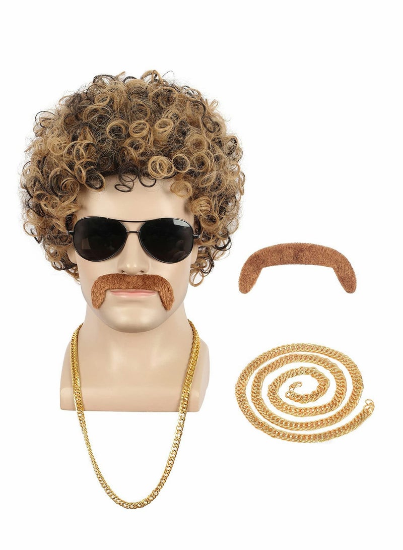 Excefore Short Curly Afro Mens Wig, 60s 70s Disco Dirt Bag Wig with Mustache Set California Costume Wig Cosplay Halloween Party Fashion Wig - Image 1
