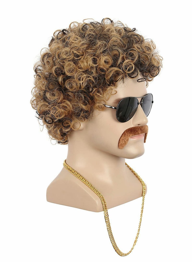 Excefore Short Curly Afro Mens Wig, 60s 70s Disco Dirt Bag Wig with Mustache Set California Costume Wig Cosplay Halloween Party Fashion Wig - Image 3