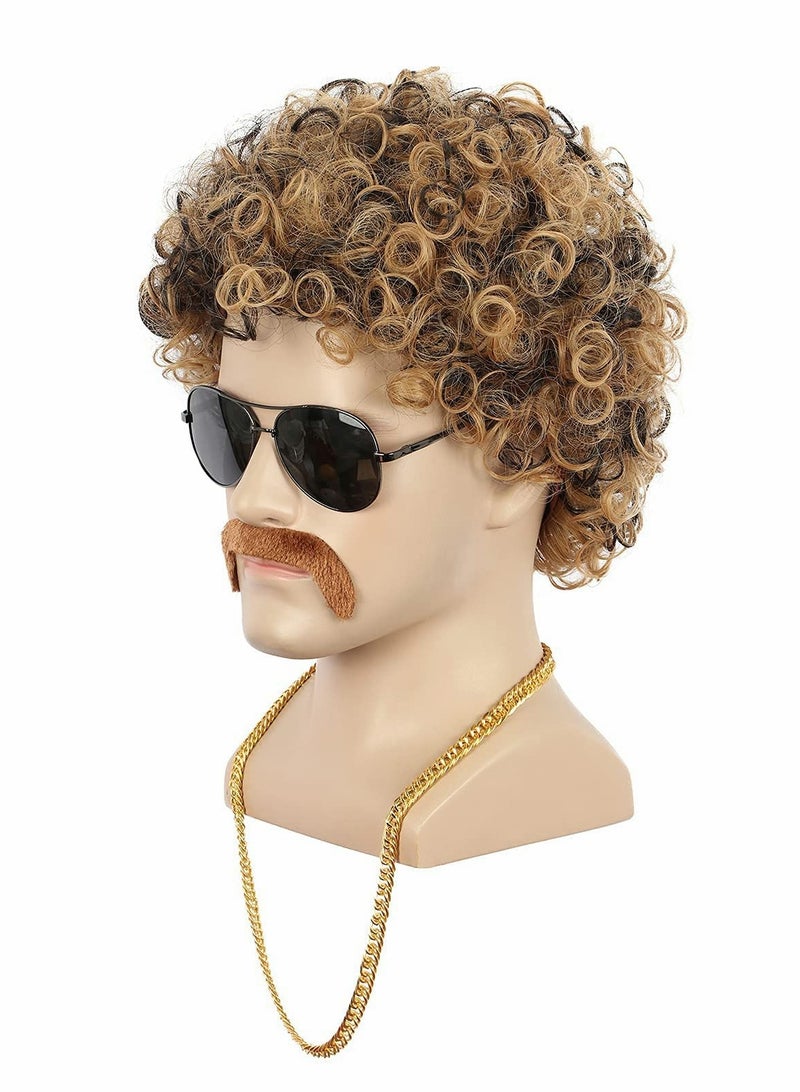 Excefore Short Curly Afro Mens Wig, 60s 70s Disco Dirt Bag Wig with Mustache Set California Costume Wig Cosplay Halloween Party Fashion Wig - Image 2