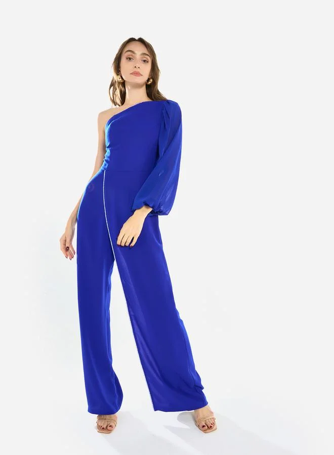 House of Moda Women Crystal Trim One Shoulder Jumpsuit