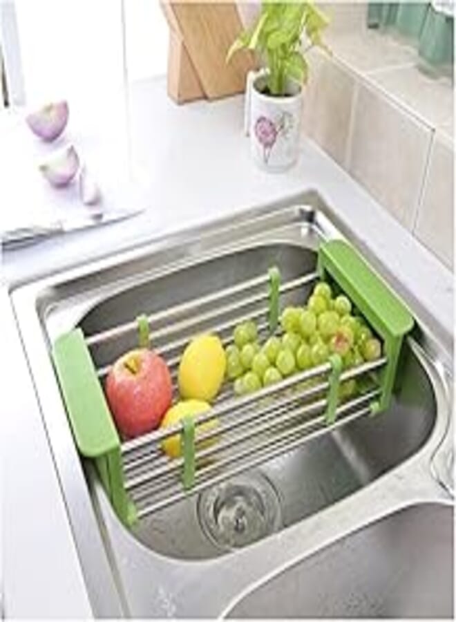 Magnusdeal Fruits and Vegetables Draining Rack Multifunctional Telescopic Stainless Steel Sink Drain Basket Rack Storage Organizer (Green)