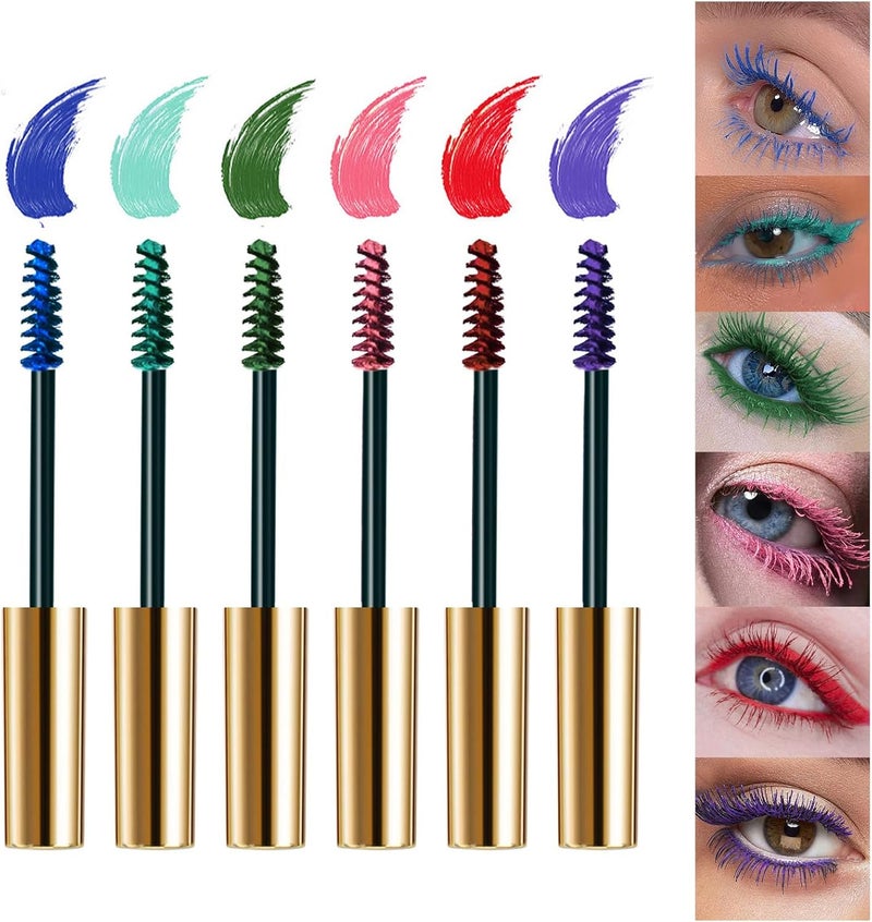 Colour Mascara Set 6Pcs Rainbow Colorful Waterproof Mascara Long Lasting Thick Mascara 4D Fiber Lash Lengthening Volumizing Halloween Xmas Make Up Gift for Women Girls